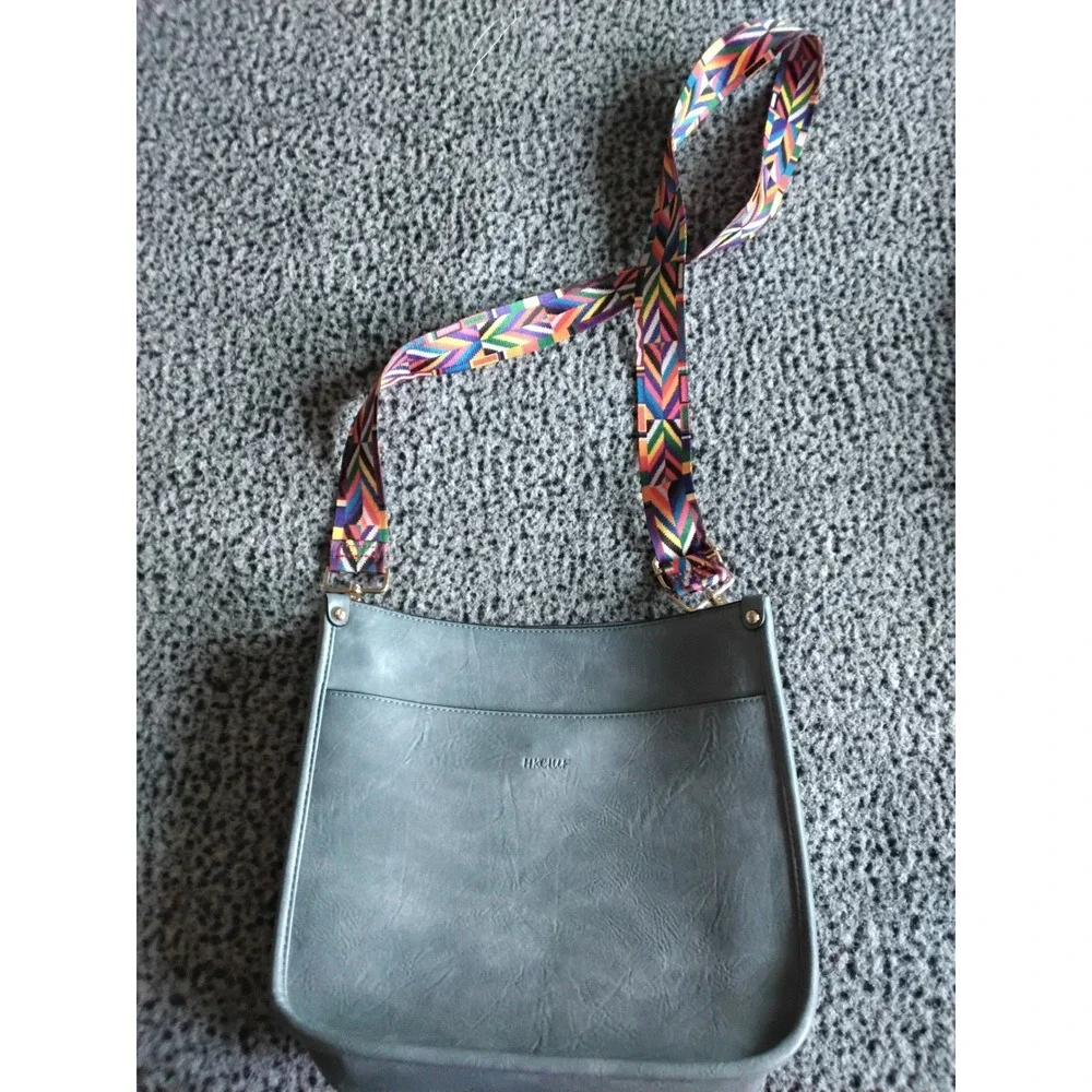 HKCLUF Gray Blue Vegan Leather Crossbody Bag- Colorful Geometric Guitar Strap